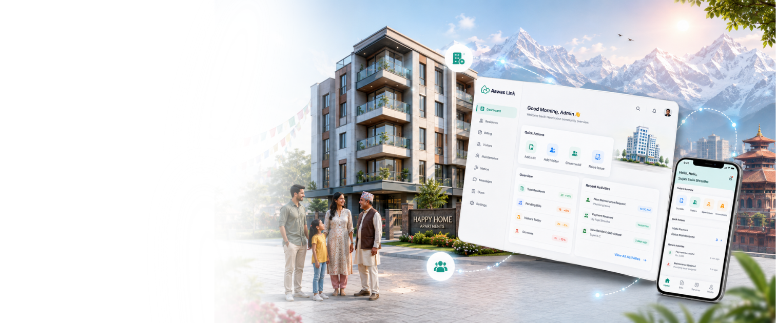 A Nepal housing community with the Aawas Link dashboard and resident mobile app
